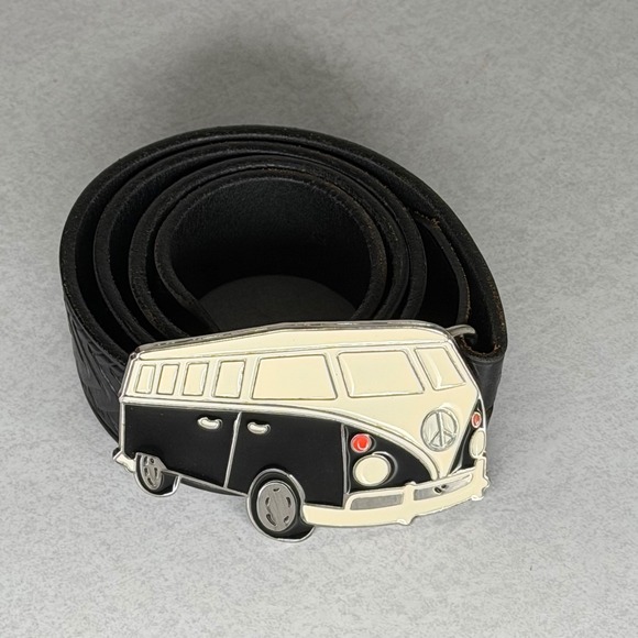 Tani Corporation Accessories - Vintage Black Leather Belt VW Bus‎ Hippie Buckle Sz 32 Funky Unique